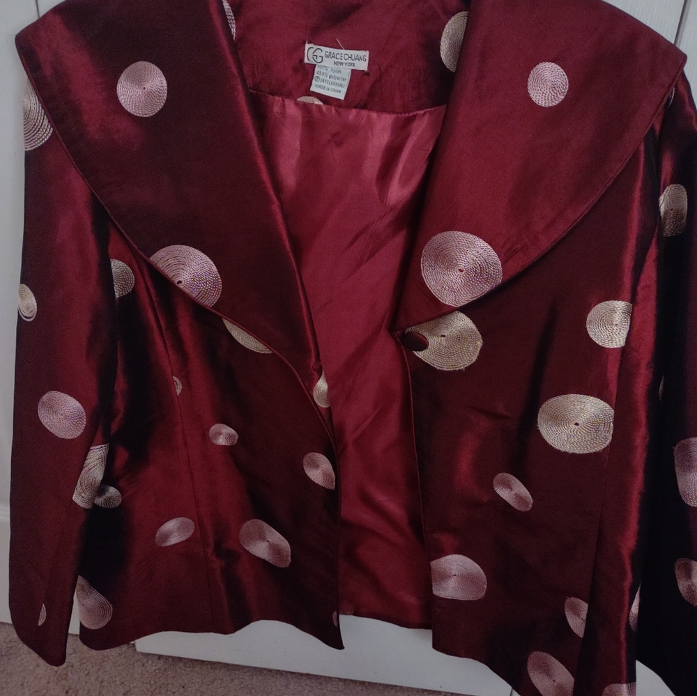 Grace Chuang Red Jacket. Embroidered Geometric Circles - Picture 2 of 5